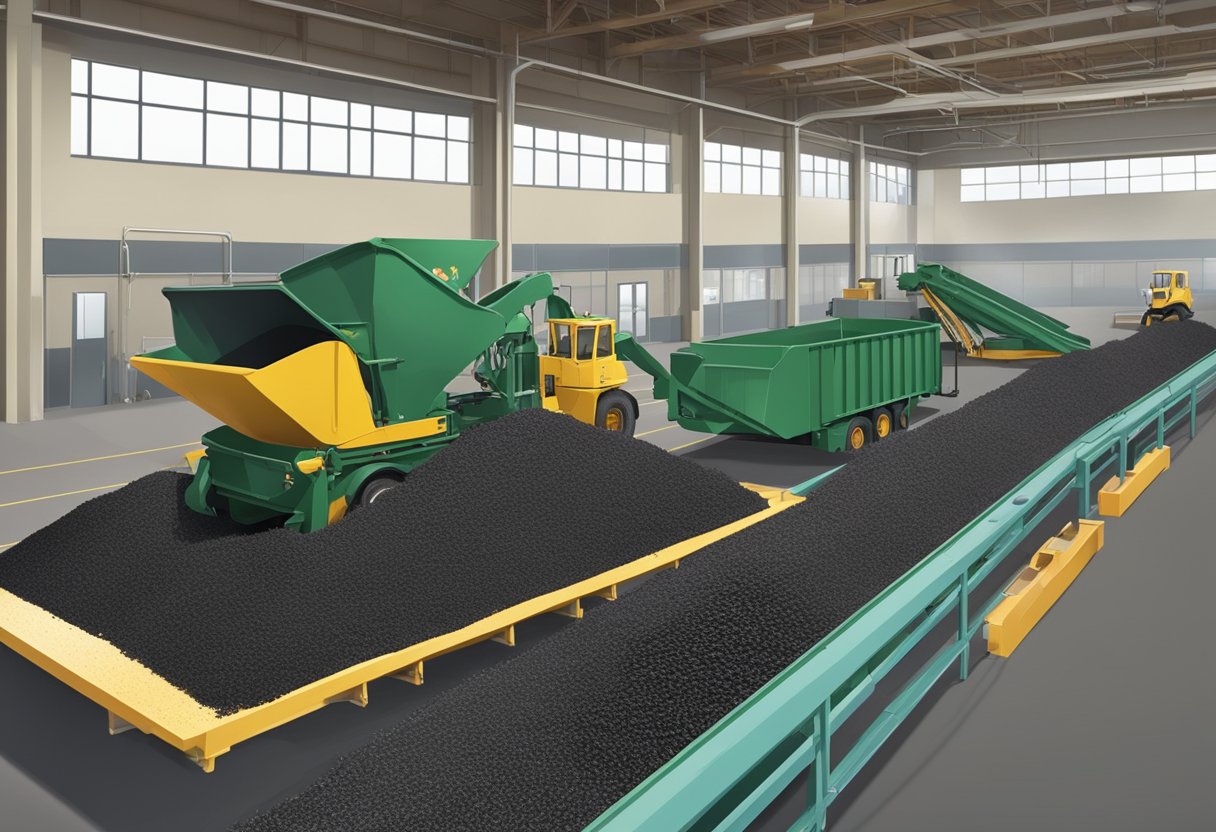 Rubber mulch being recycled into new products in a clean and efficient facility, with a focus on environmental and health considerations