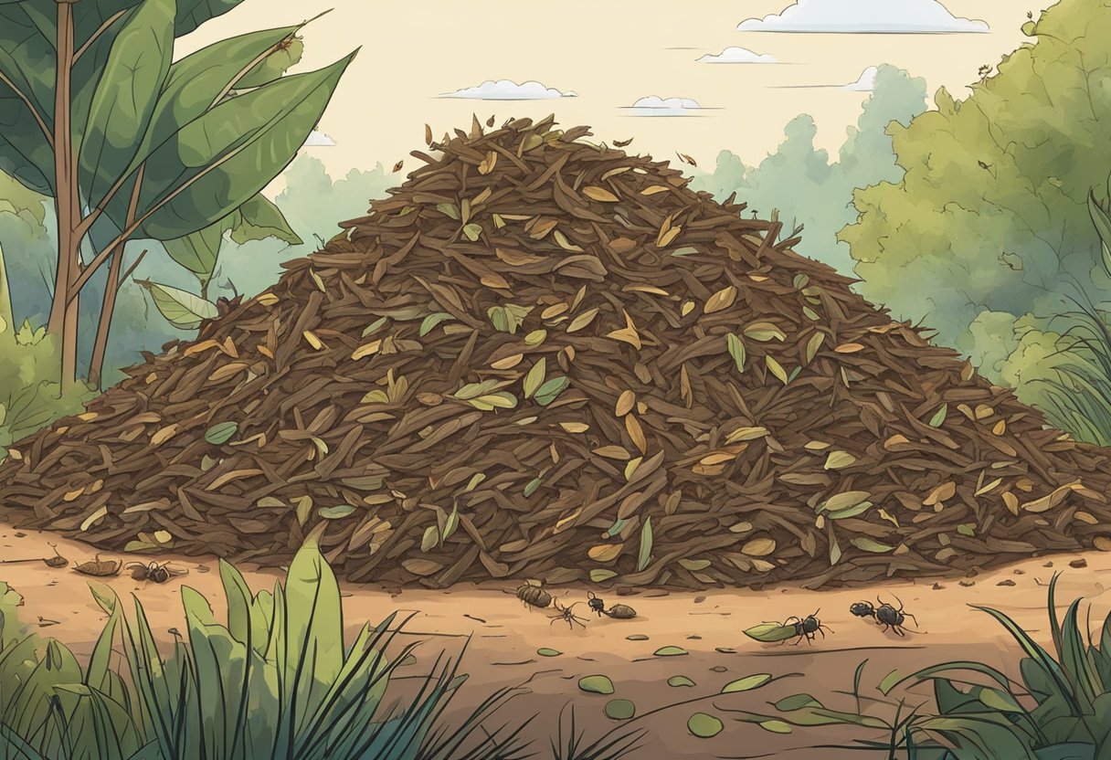 A pile of mulch sits in a garden, slowly decomposing. Various insects and microorganisms are busy breaking down the organic matter, creating a rich, earthy scent