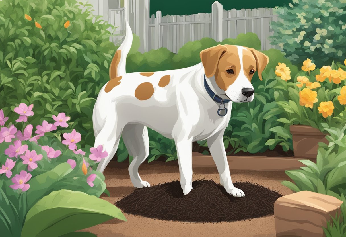 A dog sniffs vigoro mulch, wagging its tail in a lush garden