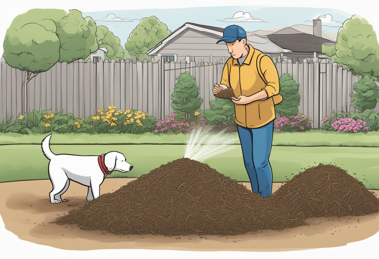 A dog sniffs at a bag of Vigoro mulch in a backyard. A concerned owner looks on, wondering if it's safe for their pet