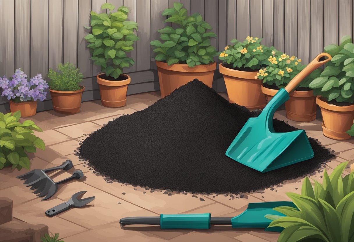 A pile of Home Depot rubber mulch sits in the corner of a backyard, surrounded by garden tools and potted plants