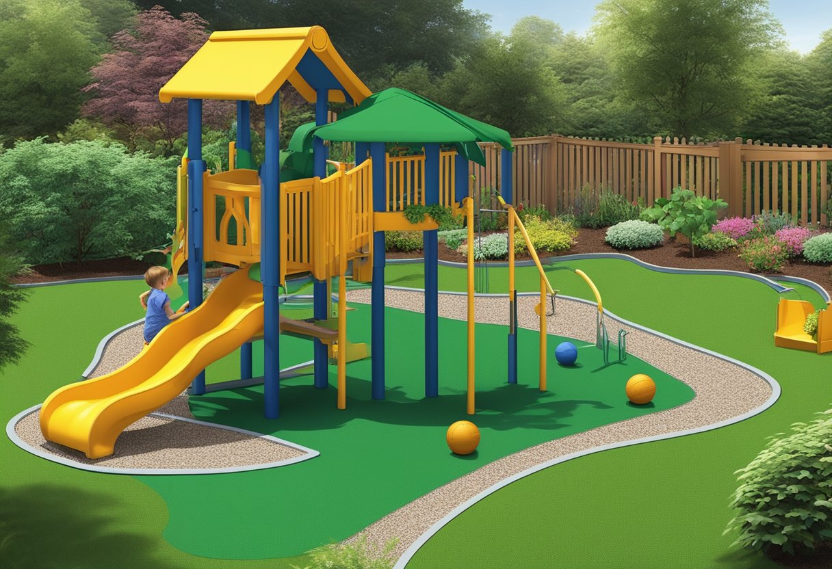 A vibrant garden with rubber mulch, surrounded by children's play equipment. The mulch is soft, non-toxic, and durable, offering a safe and low-maintenance option for landscaping