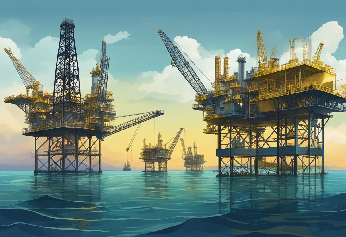 Crude oil extraction in Brazil, depicting offshore drilling rigs and oil platforms in the Atlantic Ocean