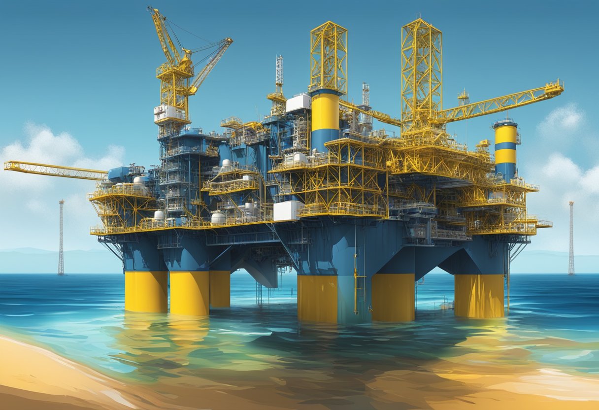 Offshore rigs extract light and heavy crude oil in Brazil's deep waters, surrounded by vast ocean and clear skies