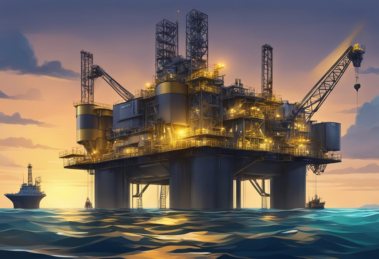 Crude oil extraction in Brazil: Offshore drilling rigs extracting light sweet crude from deep-sea oil reserves. Advanced technology and innovation in oil extraction processes