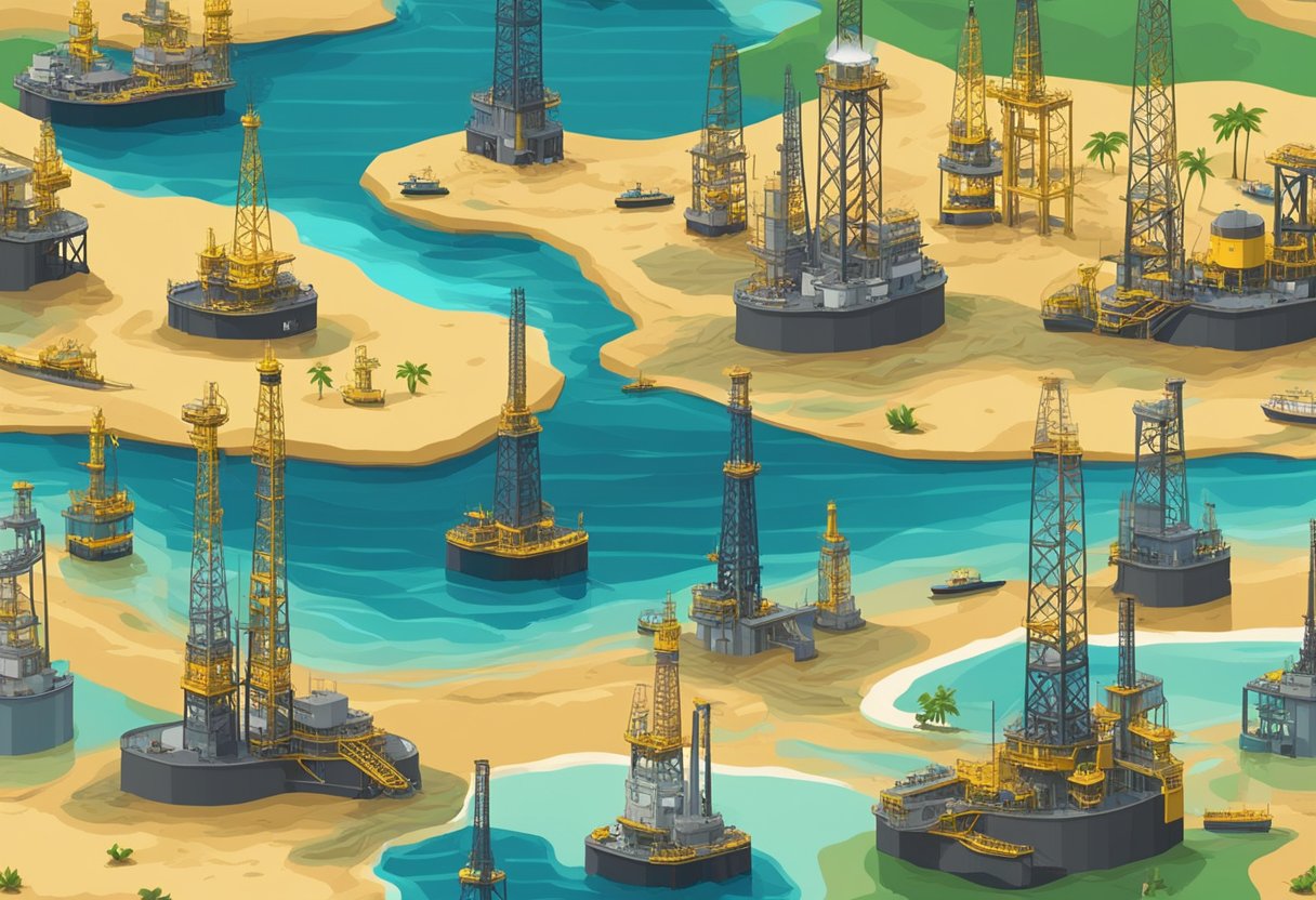 Crude oil extraction in Brazil. Offshore drilling platforms. Oil rigs in the ocean. Economic impact
