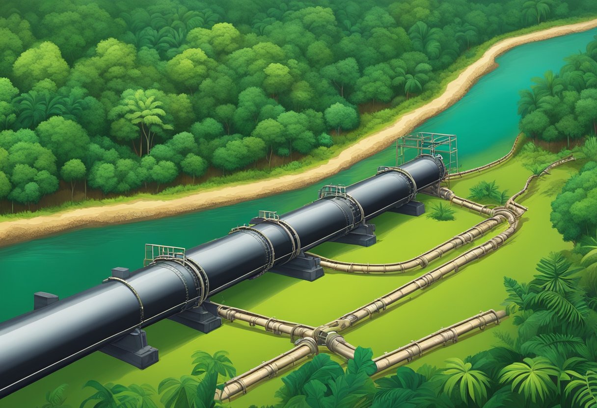 A pipeline running through lush Brazilian rainforest, carrying crude oil to a port for export