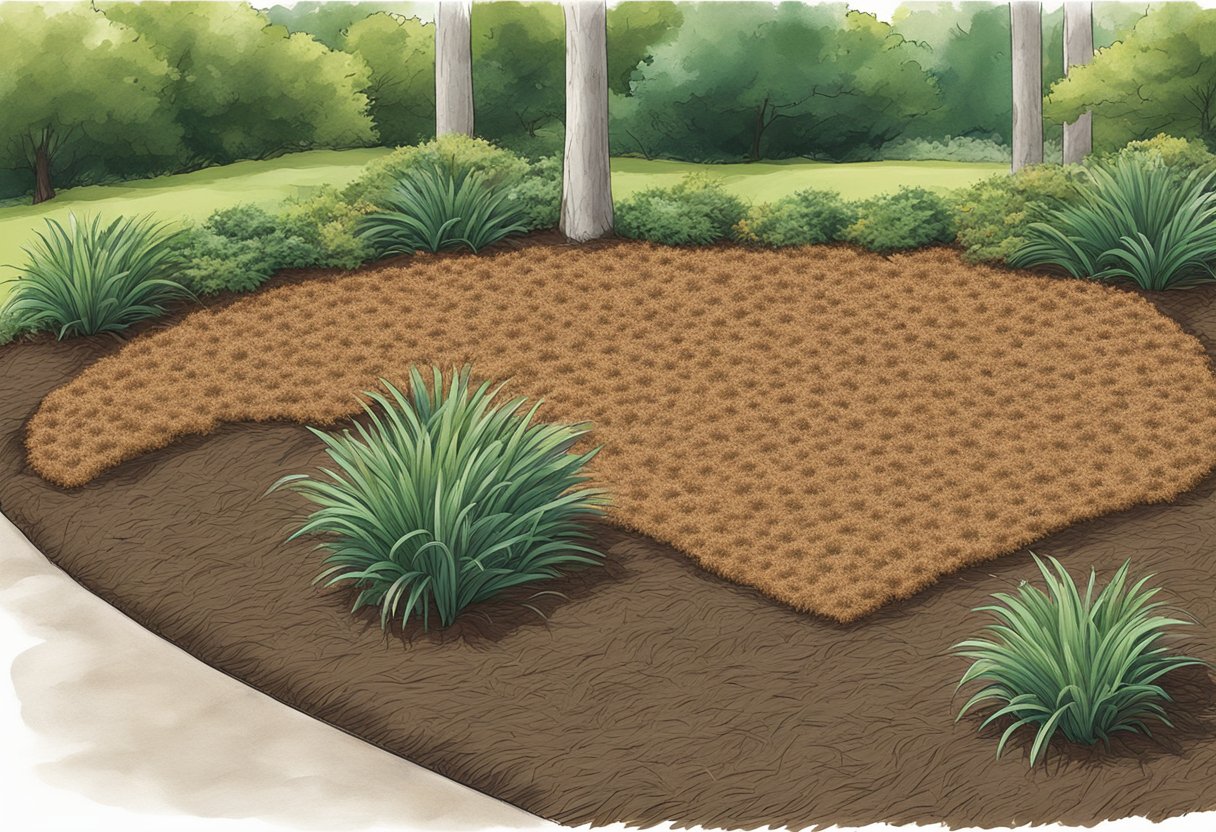 Mulch covers pine straw in a garden bed
