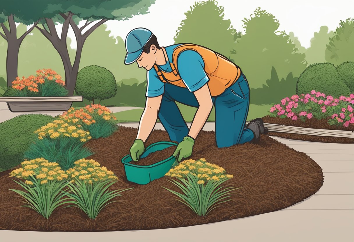 A gardener spreads mulch over pine straw in a flower bed, considering the benefits of moisture retention and weed suppression