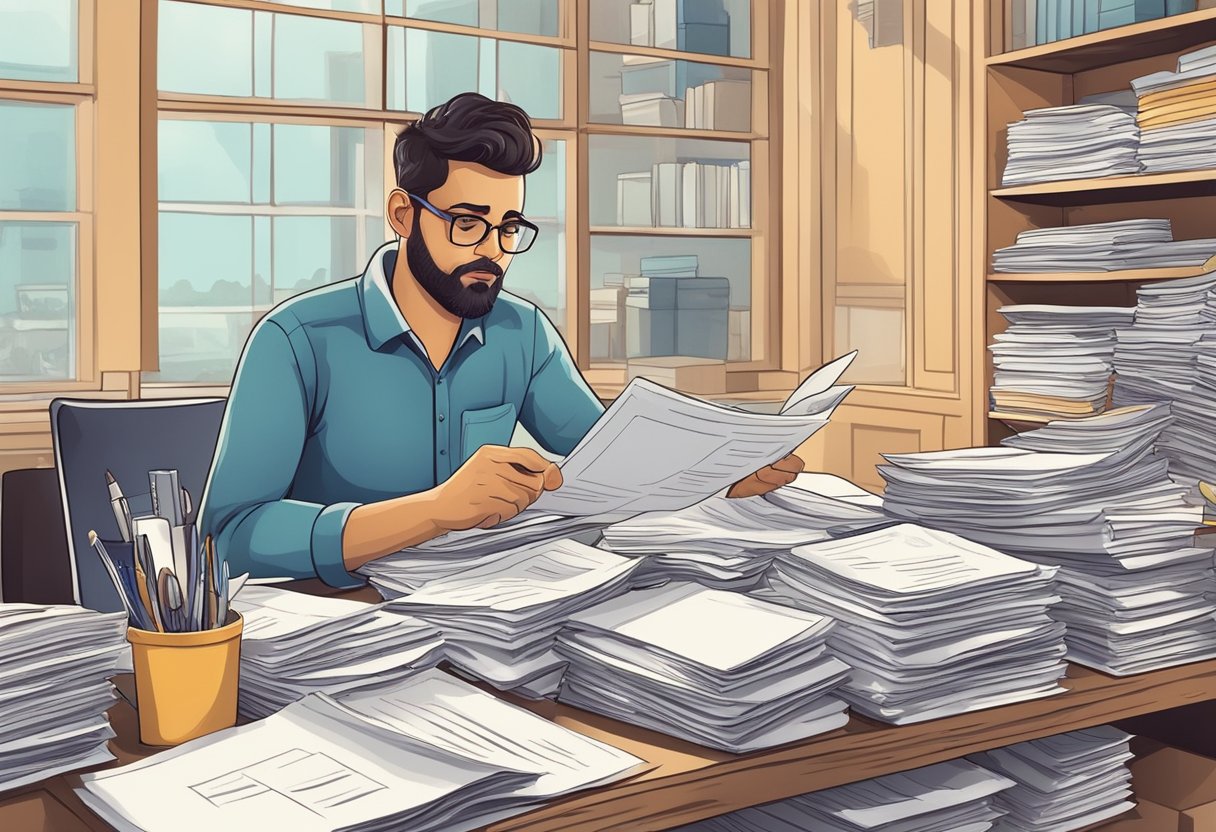 A self-employed individual filing for sick and family leave tax credits, organizing receipts and documents for submission