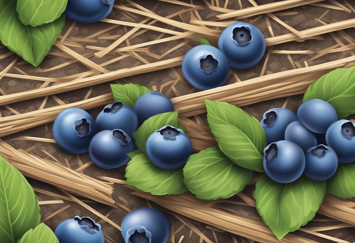 Blueberries surrounded by a layer of mulch, with materials like straw or wood chips visible
