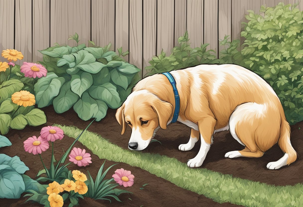 A dog sniffs at a garden bed, a spray bottle nearby. Mulch is untouched