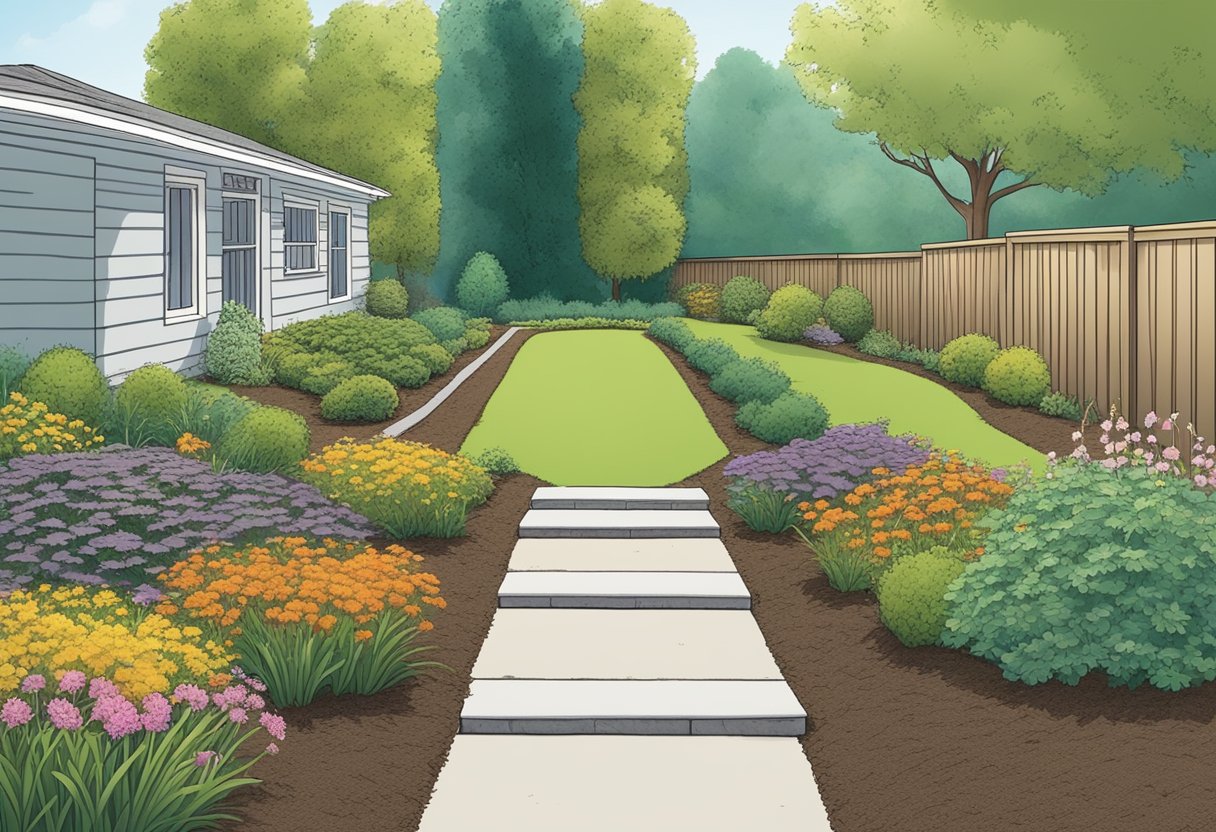 Illustrate a garden with freshly sprayed weeds and a bag of mulch nearby, showing the passage of time to indicate when it is safe to mulch after using Roundup