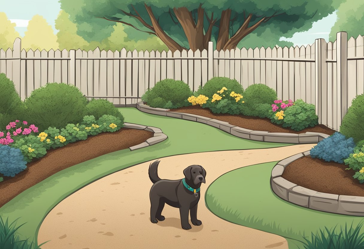 A dog potty area with mulch spread evenly, surrounded by a low fence. A shovel and bags of mulch nearby