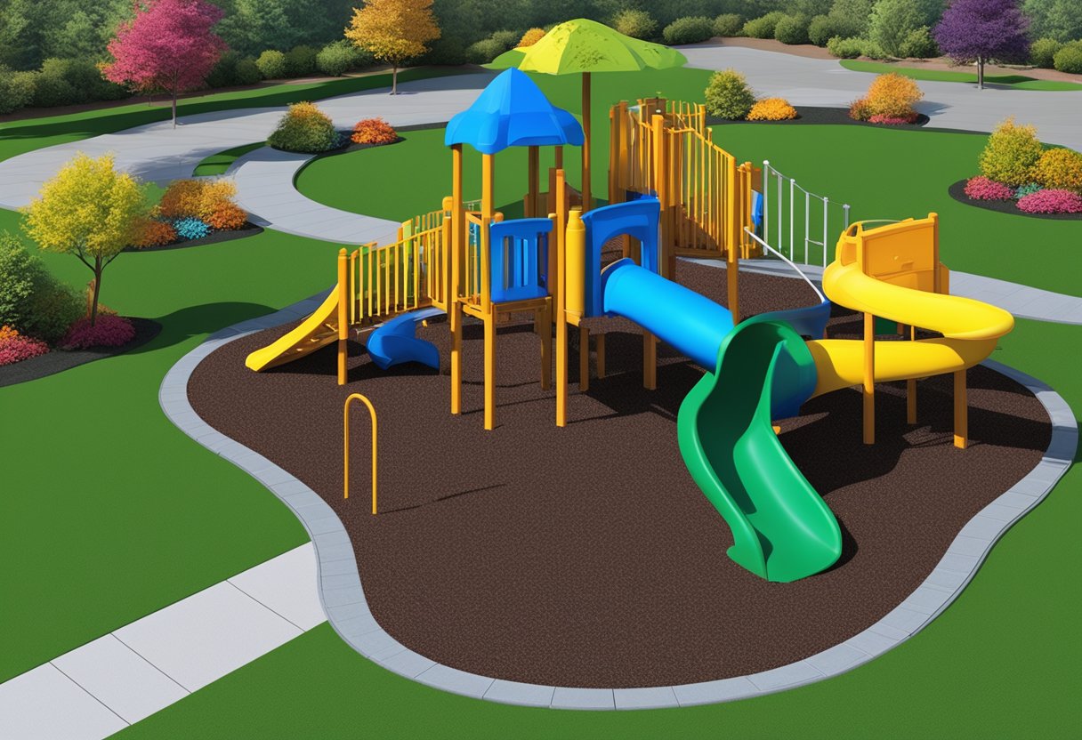 Vibrant rubber mulch in various colors spread across a playground, garden, and landscaping areas, showcasing its benefits and applications