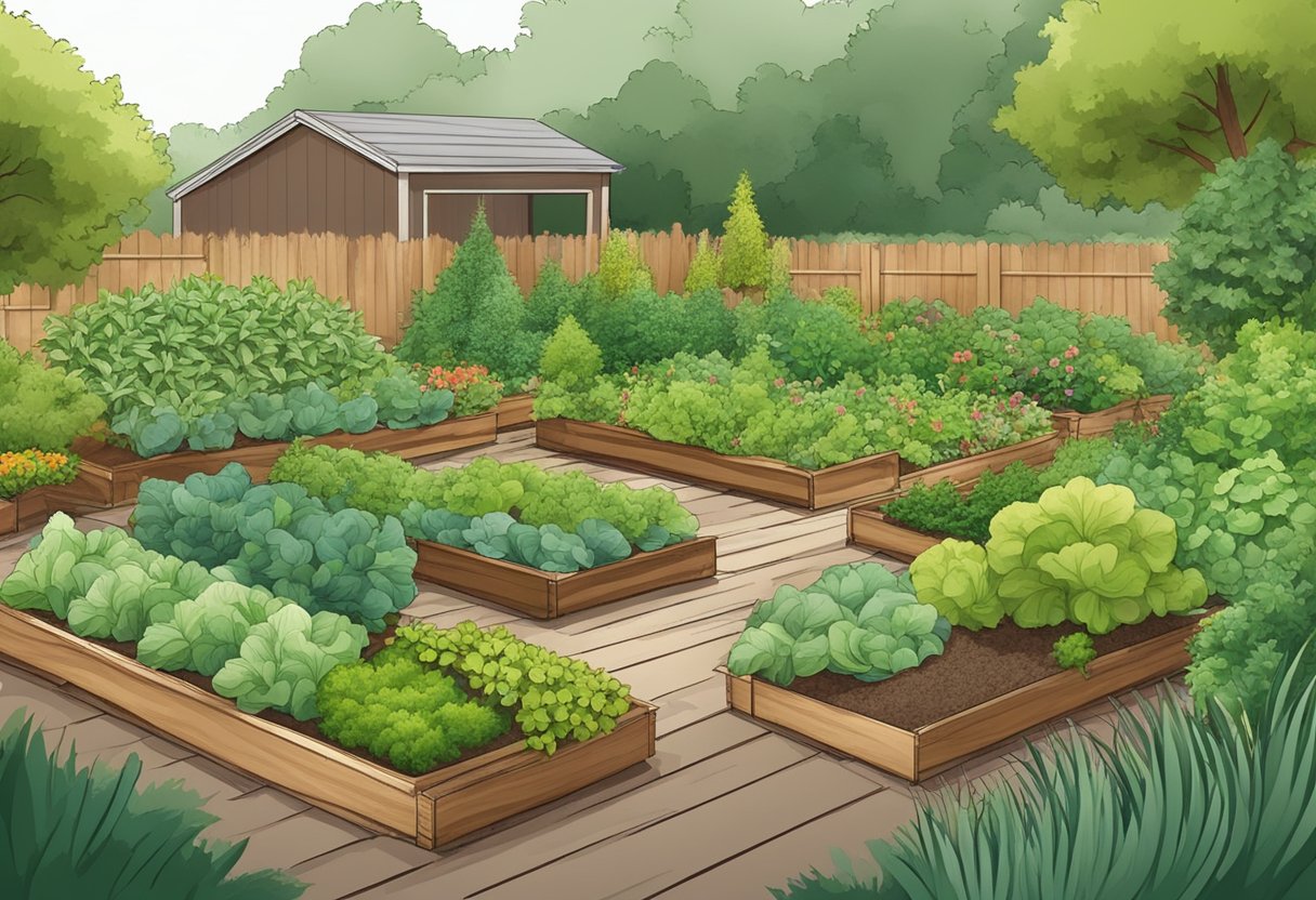 Lush vegetable garden with cedar mulch spread around plants, retaining moisture and suppressing weeds