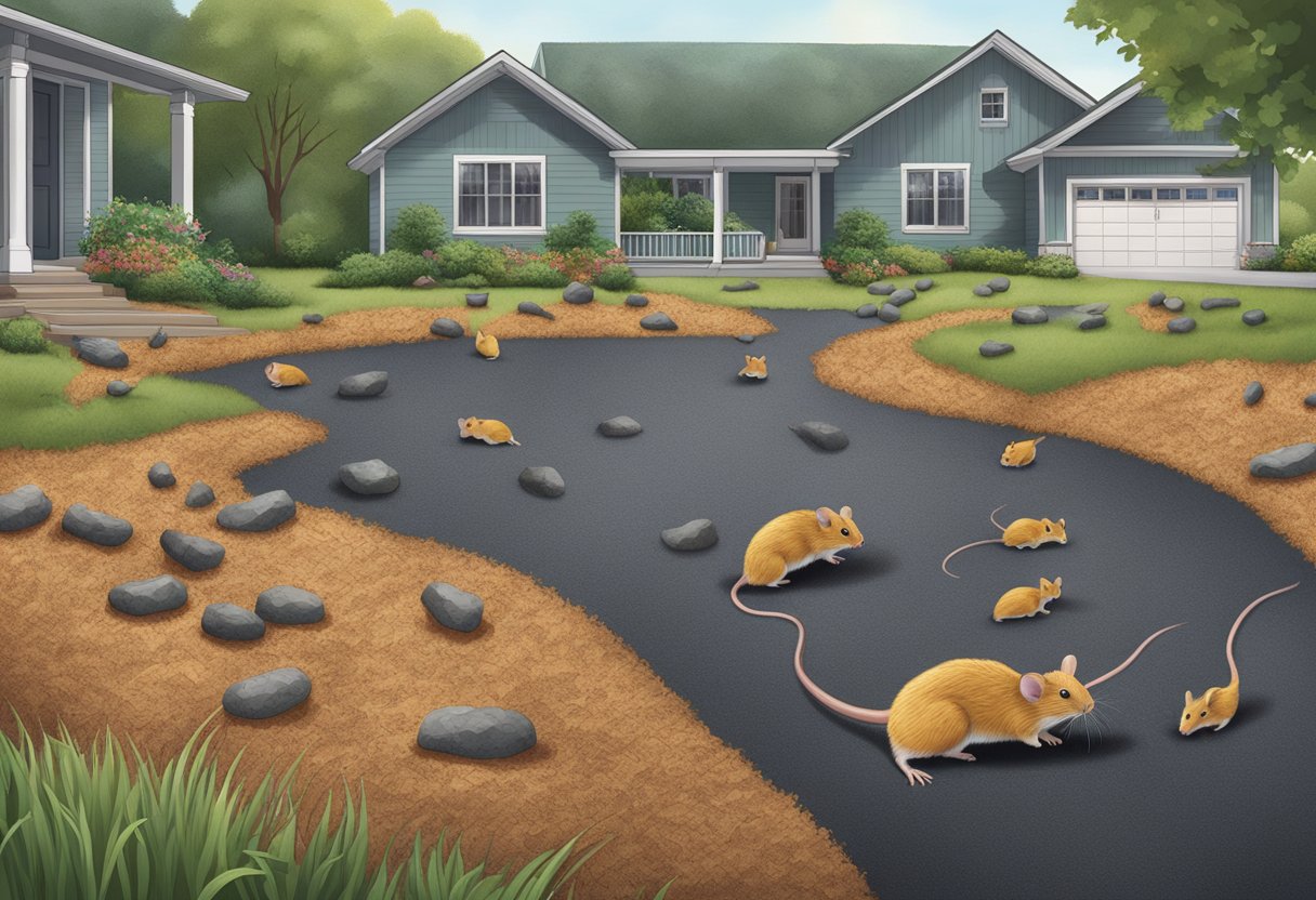 Rubber mulch scattered on ground, mice drawn to it