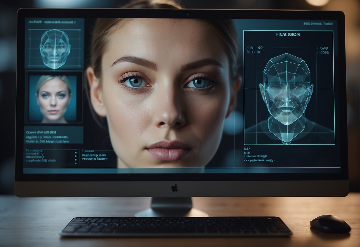 A computer screen displaying facial recognition software scanning and identifying faces