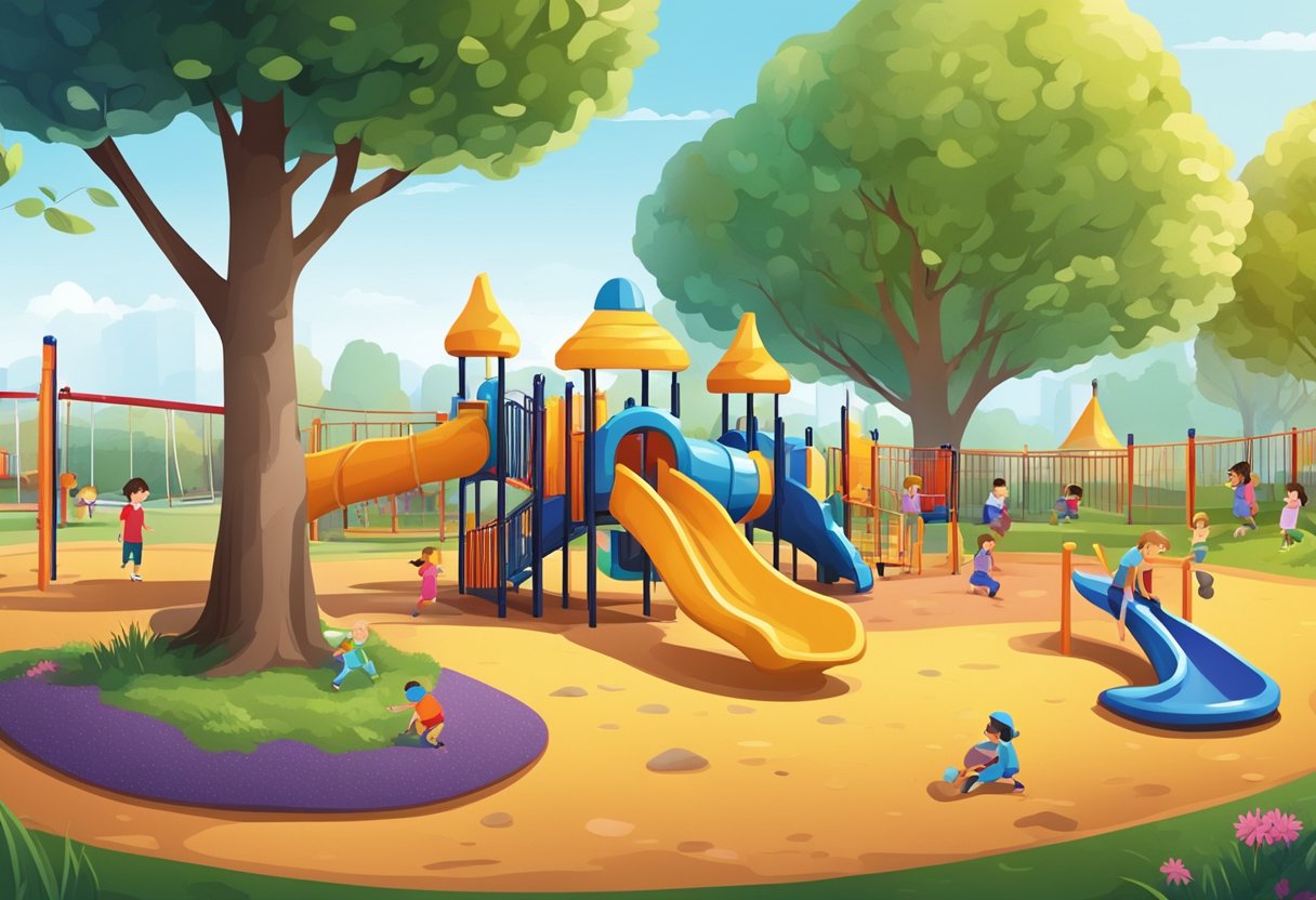 Vibrant playground with soft, springy mulch covering the ground. Brightly colored play equipment and children's laughter in the background