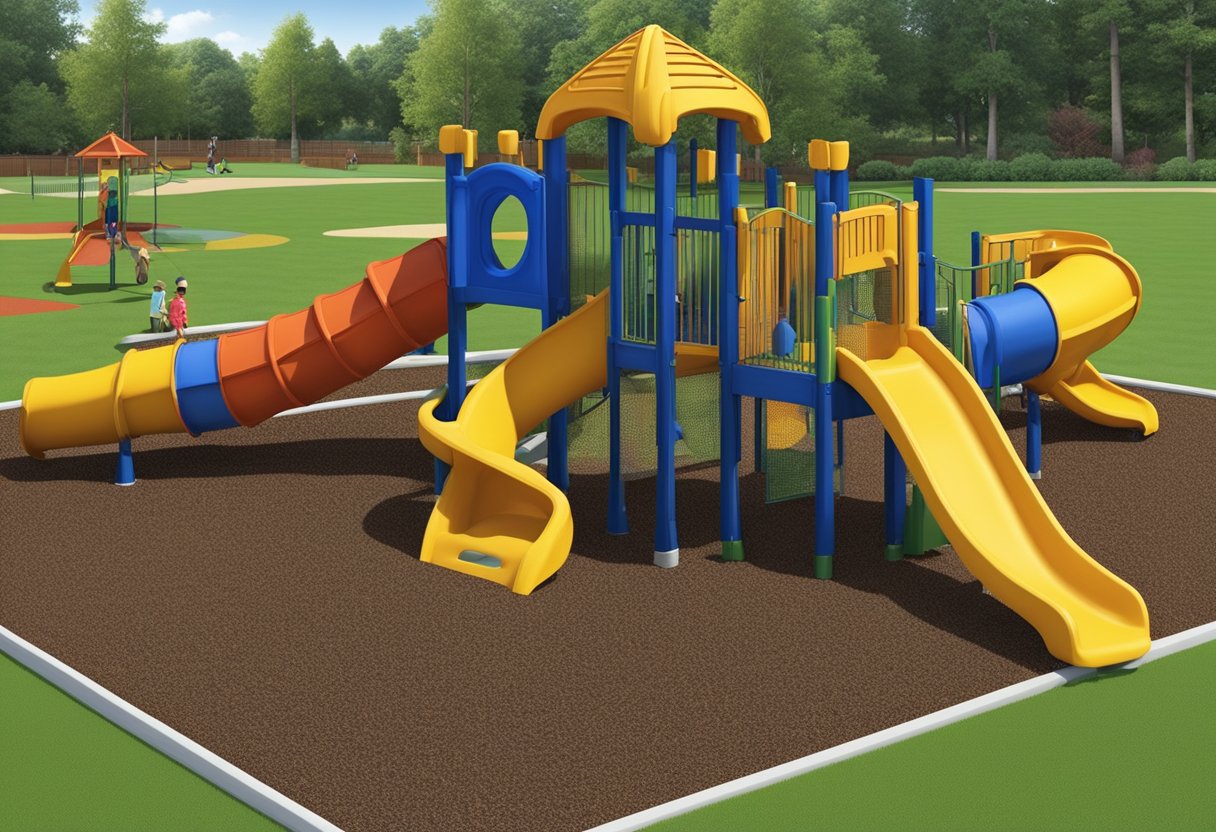 Colorful rubber mulch spread across playground, providing soft cushioning for kids. Wood chips scattered in designated areas, offering natural look and feel. Pea gravel neatly lined around equipment, creating a stable and durable surface