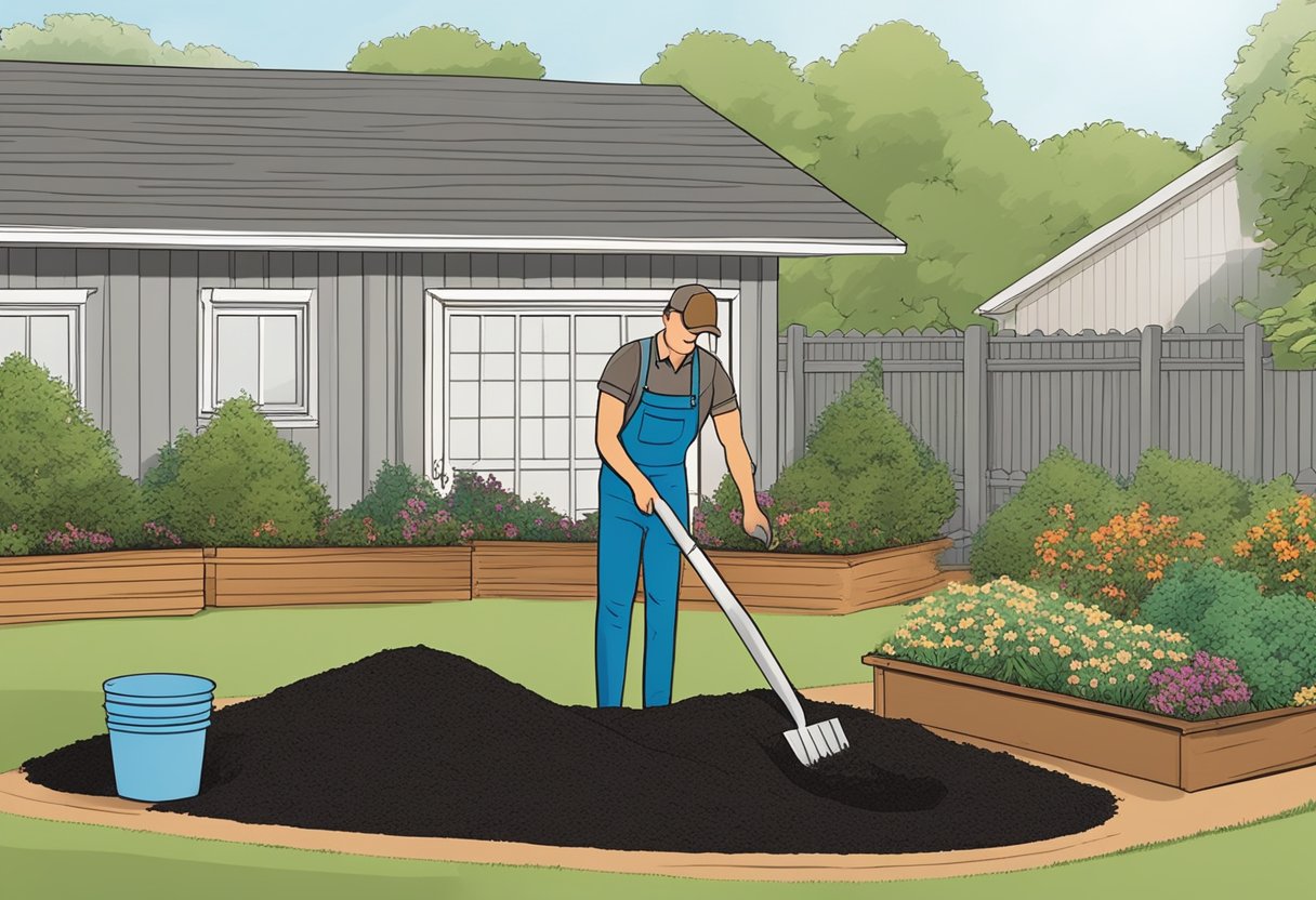 A person mixing rubber mulch with wood mulch in a garden bed, considering the benefits and drawbacks