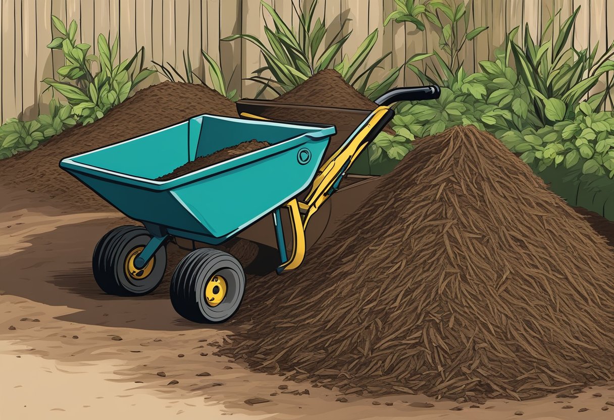 Old mulch being raked into a pile, ready for disposal or composting. A wheelbarrow nearby for easy transport