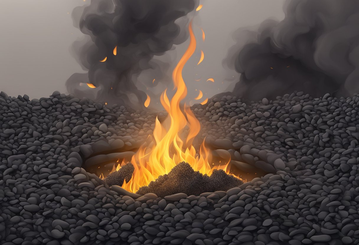 Rubber mulch smolders under a flame, emitting black smoke and a strong odor