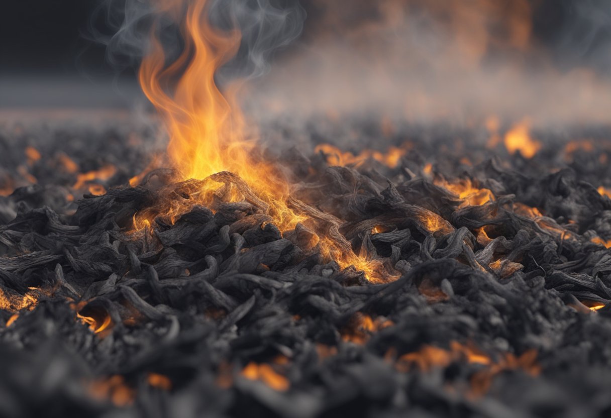 Rubber mulch smolders, emitting a faint smoke. Flames lick at the edges, causing it to slowly burn