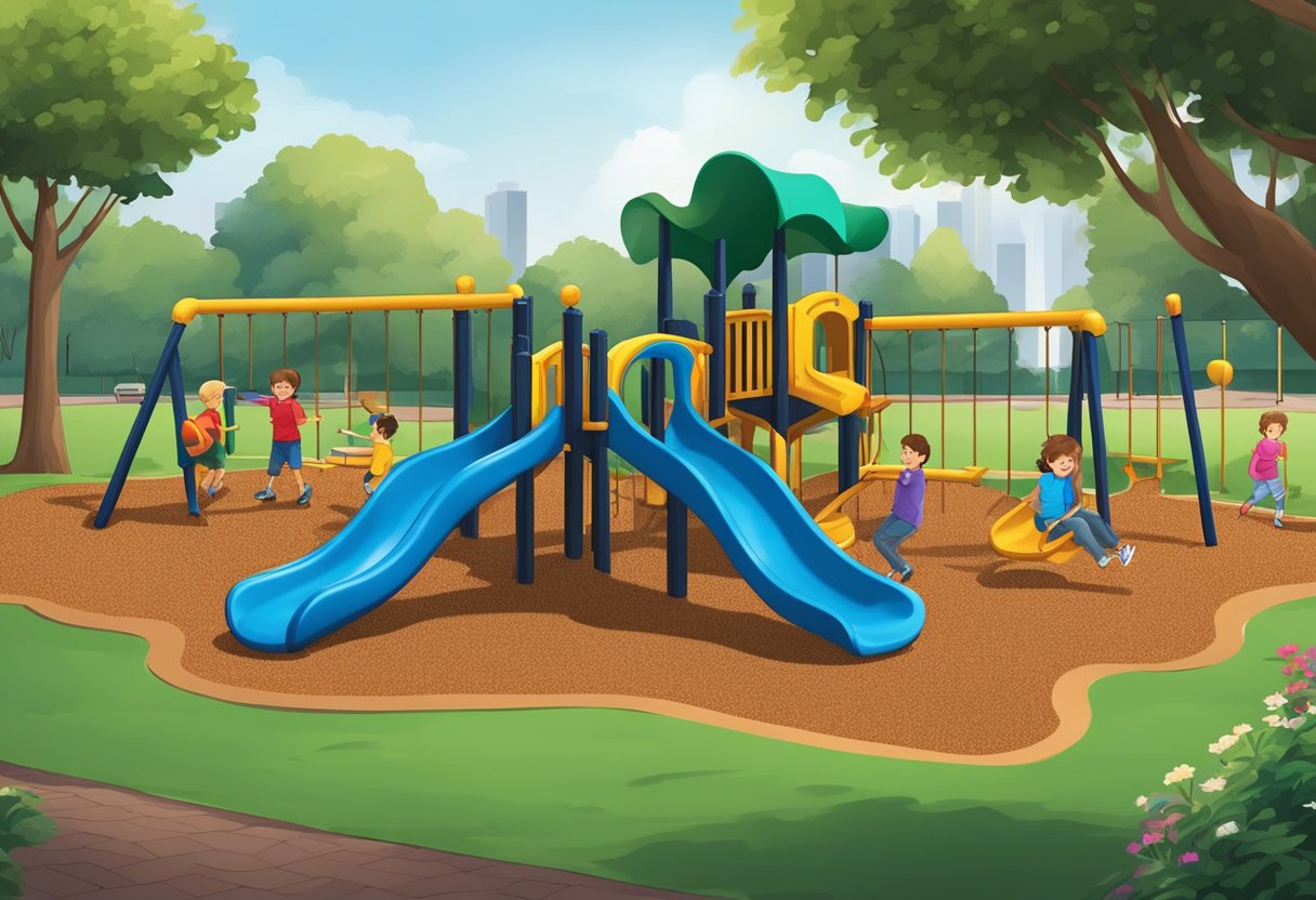 Rubber mulch fills a playground area, varying in depth. It provides a safe and cushioned surface for children to play on