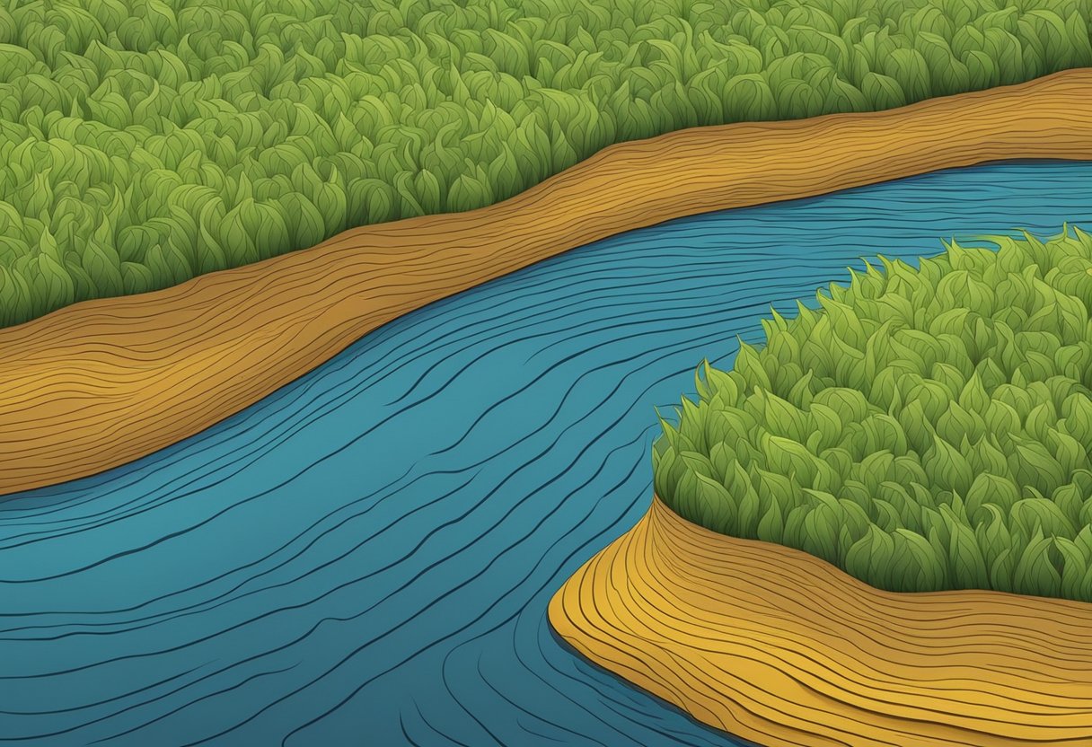 Rubber mulch floats on the surface of the water, forming a thin layer that moves with the ripples and currents