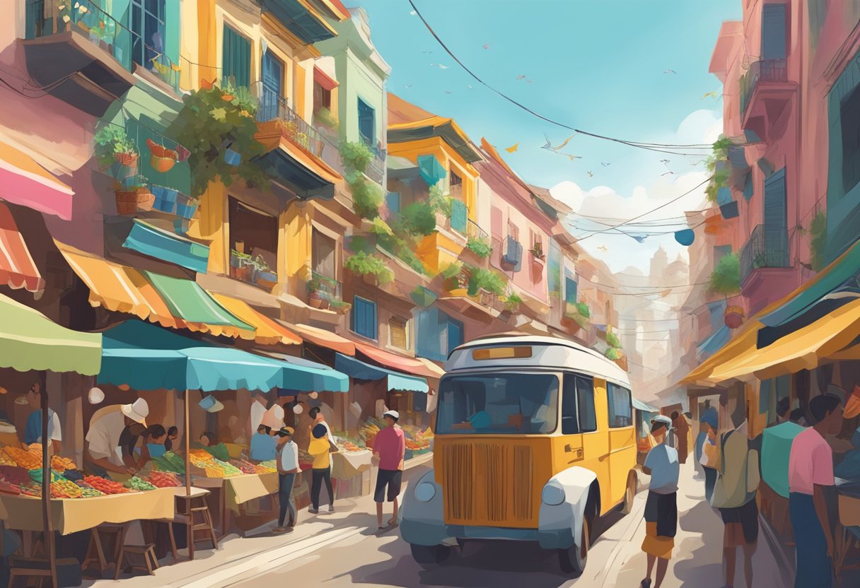 Busy streets lined with colorful buildings, bustling markets filled with exotic goods, and the sound of traditional music drifting through the air