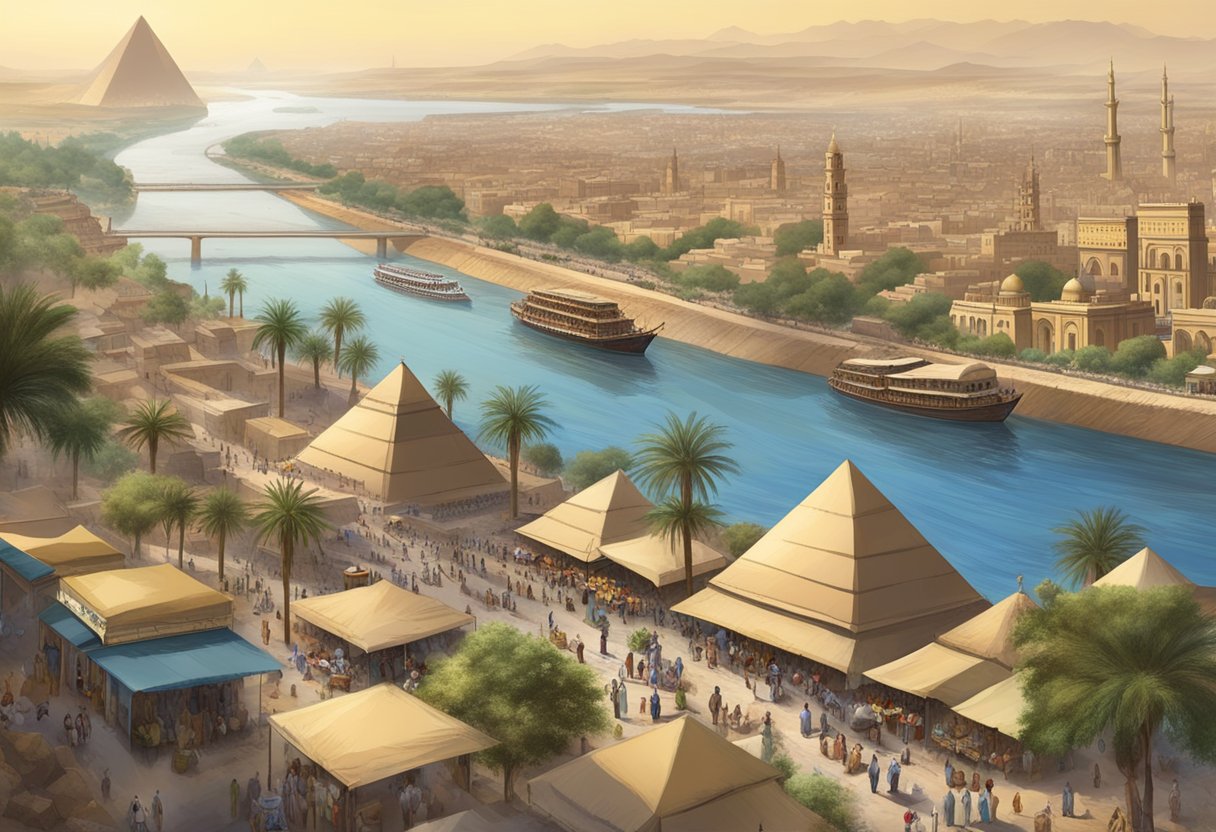 Busy Cairo streets, bustling markets, ancient pyramids in the distance, and the Nile River flowing through the city