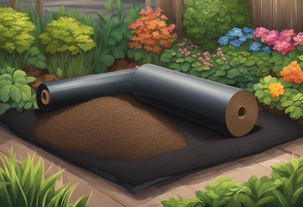 A roll of rubber mulch lies on the ground, surrounded by a garden bed and tools