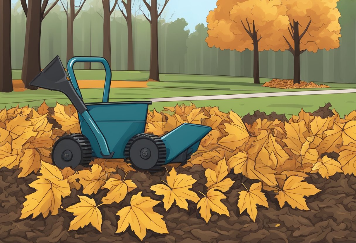 A rake pulls leaves from rubber mulch, creating neat piles. A leaf blower blows remaining debris away