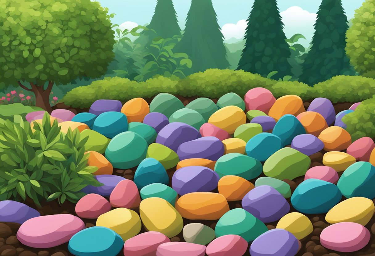 Rubber rocks arranged in a garden bed, varying in size and color, surrounded by greenery