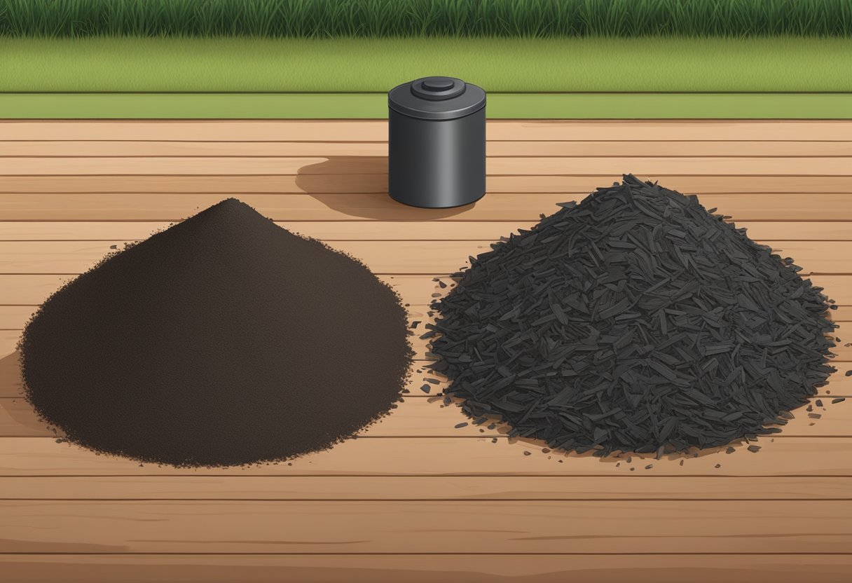 A pile of rubber mulch and wood mulch side by side, with a measuring tape and a scale next to them for comparison