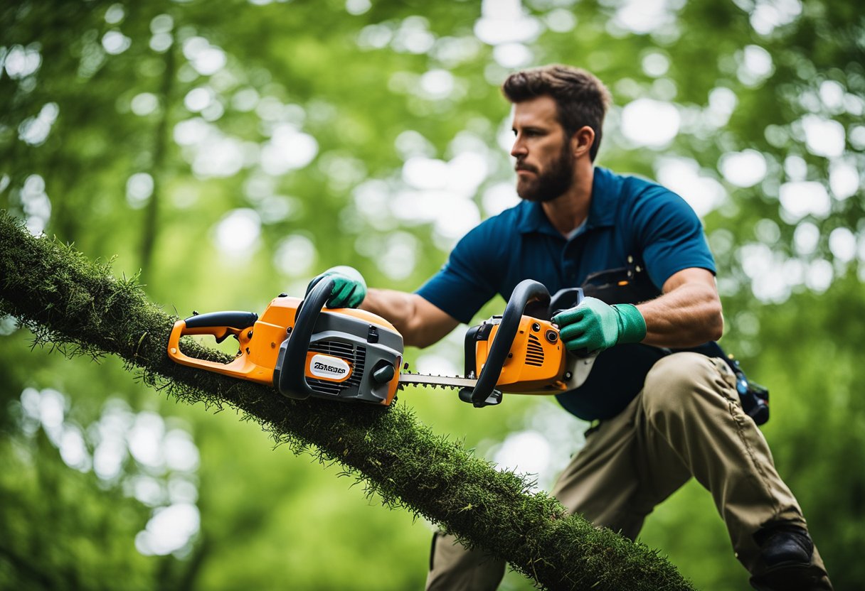 Trees in North Carolina being trimmed yearly by a landscaper with a chainsaw and safety gear