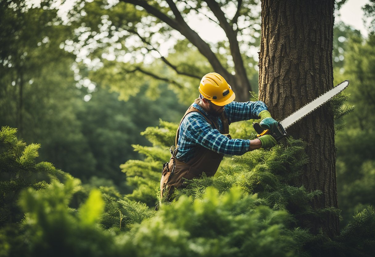 A tree being trimmed by a professional with a chainsaw in a lush North Carolina landscape