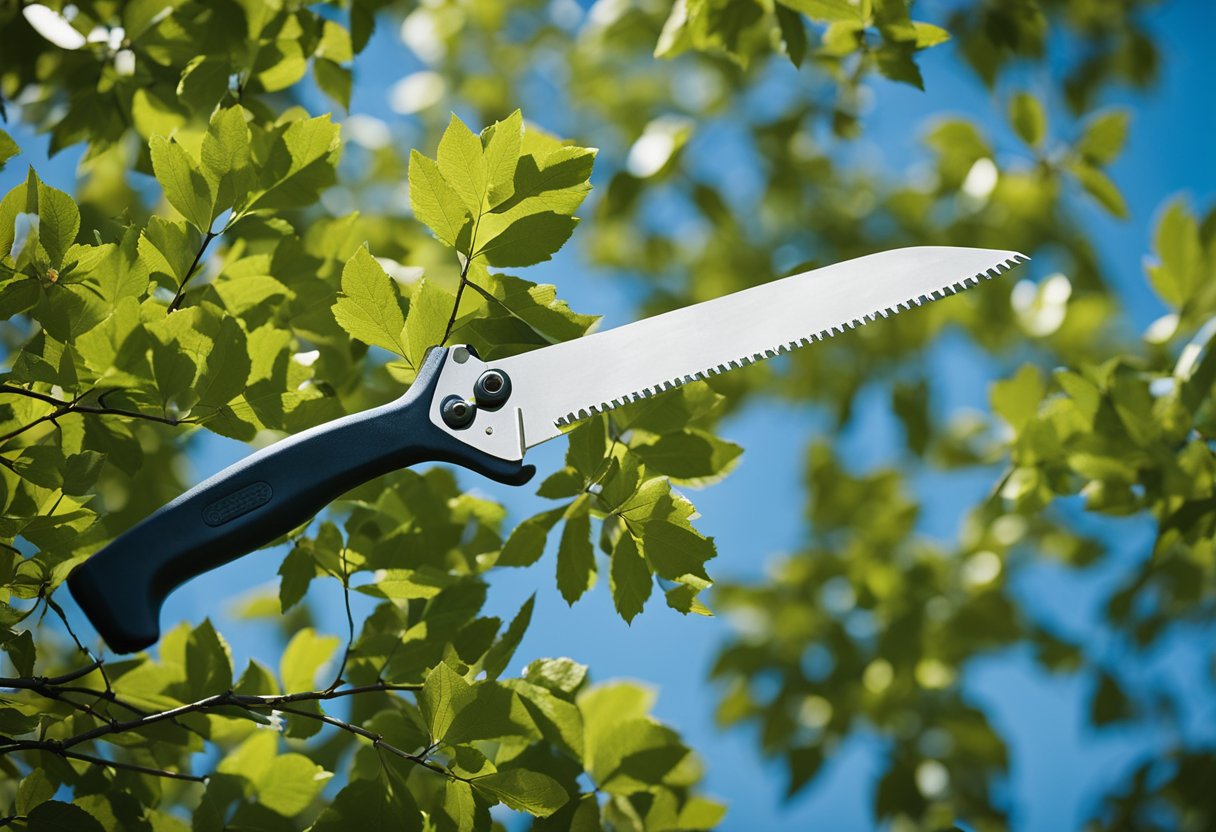 A tree being trimmed with a pruning saw, surrounded by North Carolina foliage and a clear blue sky