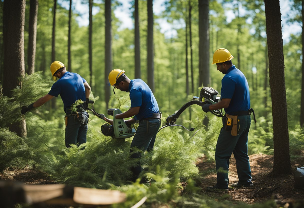 Trees being trimmed in a North Carolina forest, with a clear blue sky and a team of workers using professional equipment