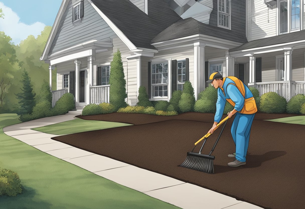 A person spreads rubber mulch evenly over the designated area, ensuring it covers the ground completely. They use a rake to smooth out any uneven patches and create a clean, uniform surface