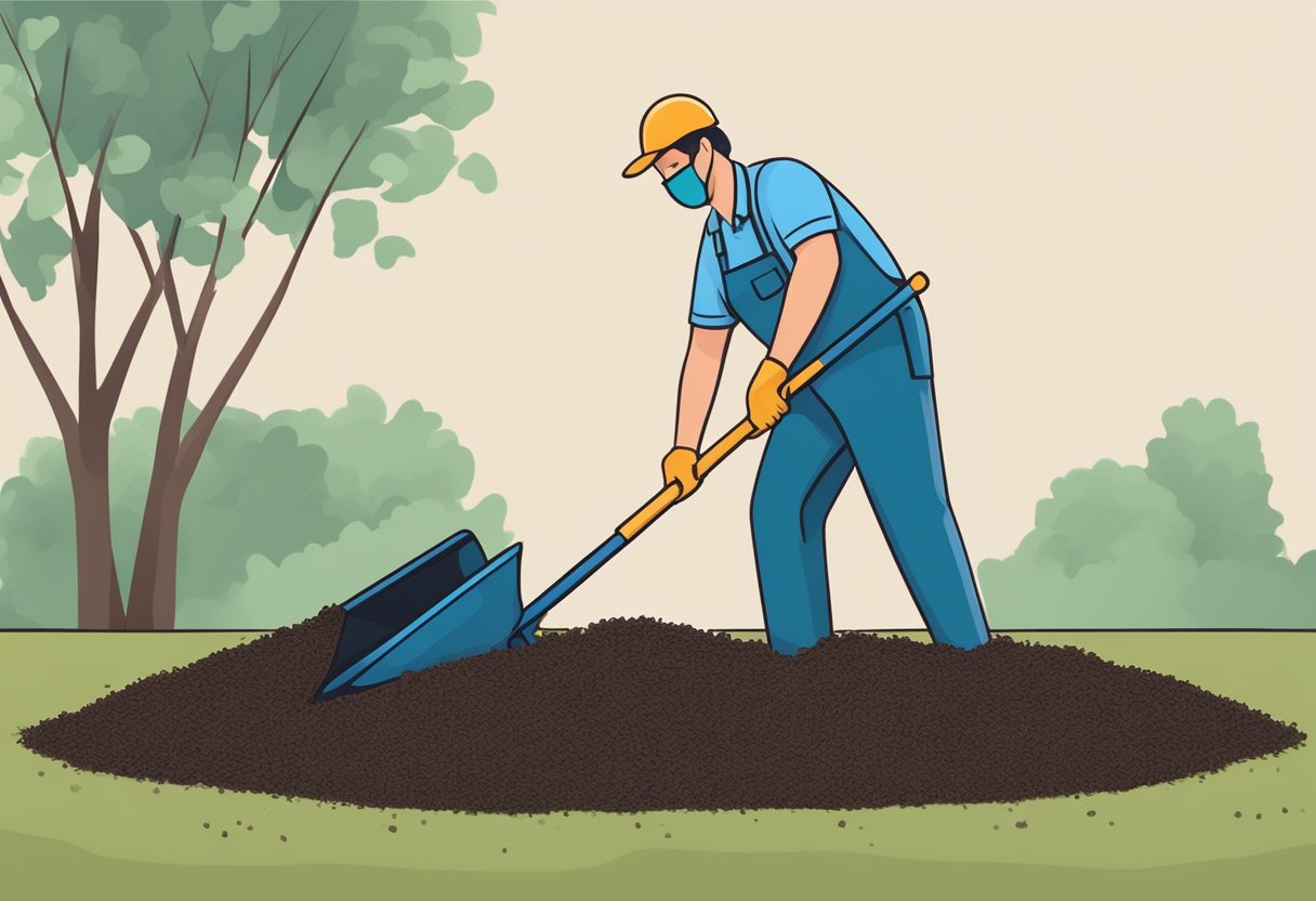A person spreading rubber mulch evenly on the ground with a shovel