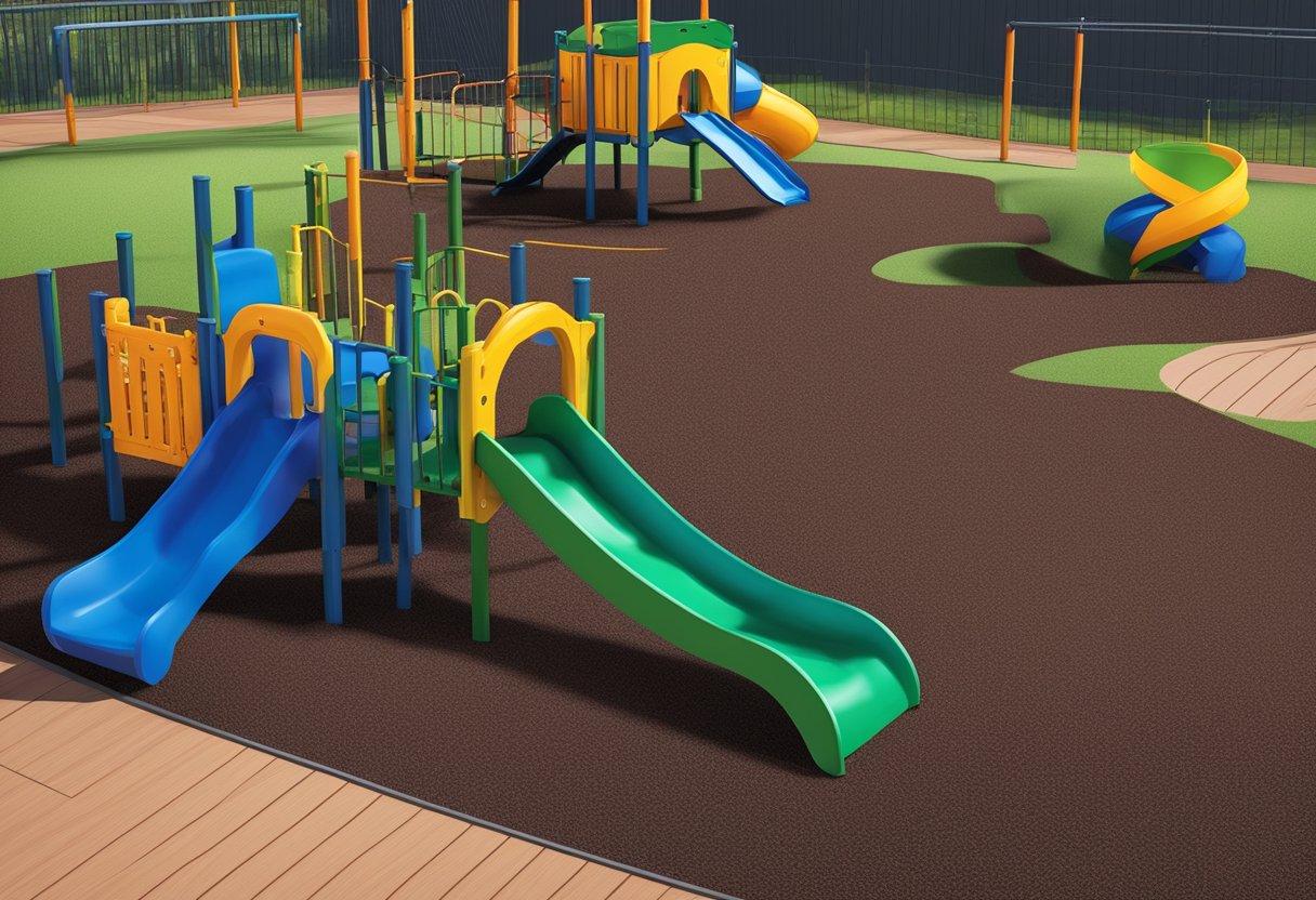 Rubber mulch lays scattered on a playground surface. It does not blow away despite strong winds