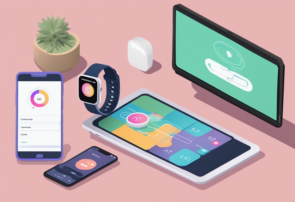 A smartphone with a menopause app next to a smartwatch and a fitness tracker. A laptop displaying a website for menopausal women