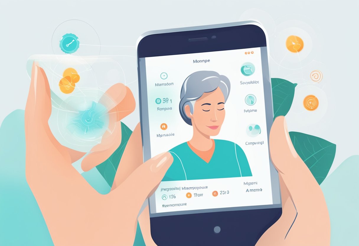 A woman interacts with a smartphone app or wearable device to track menopause symptoms