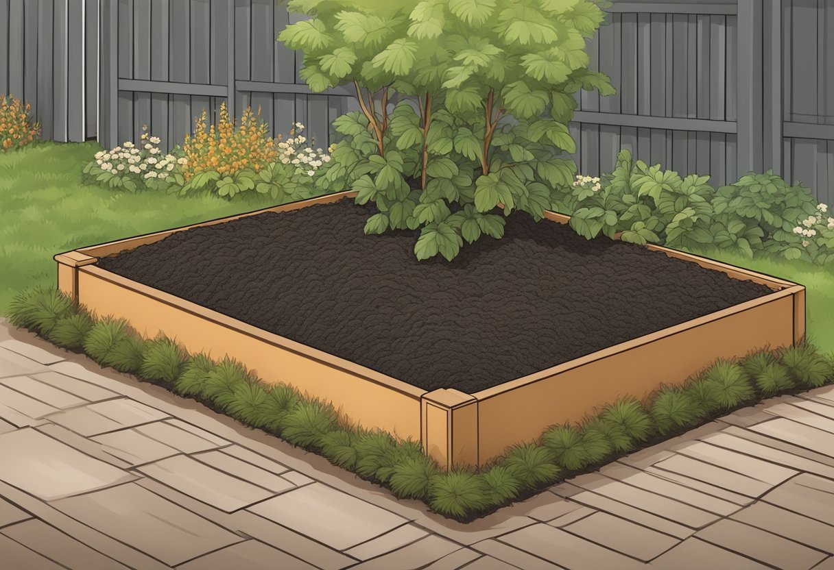 A garden bed with rubber mulch layer and no visible weeds