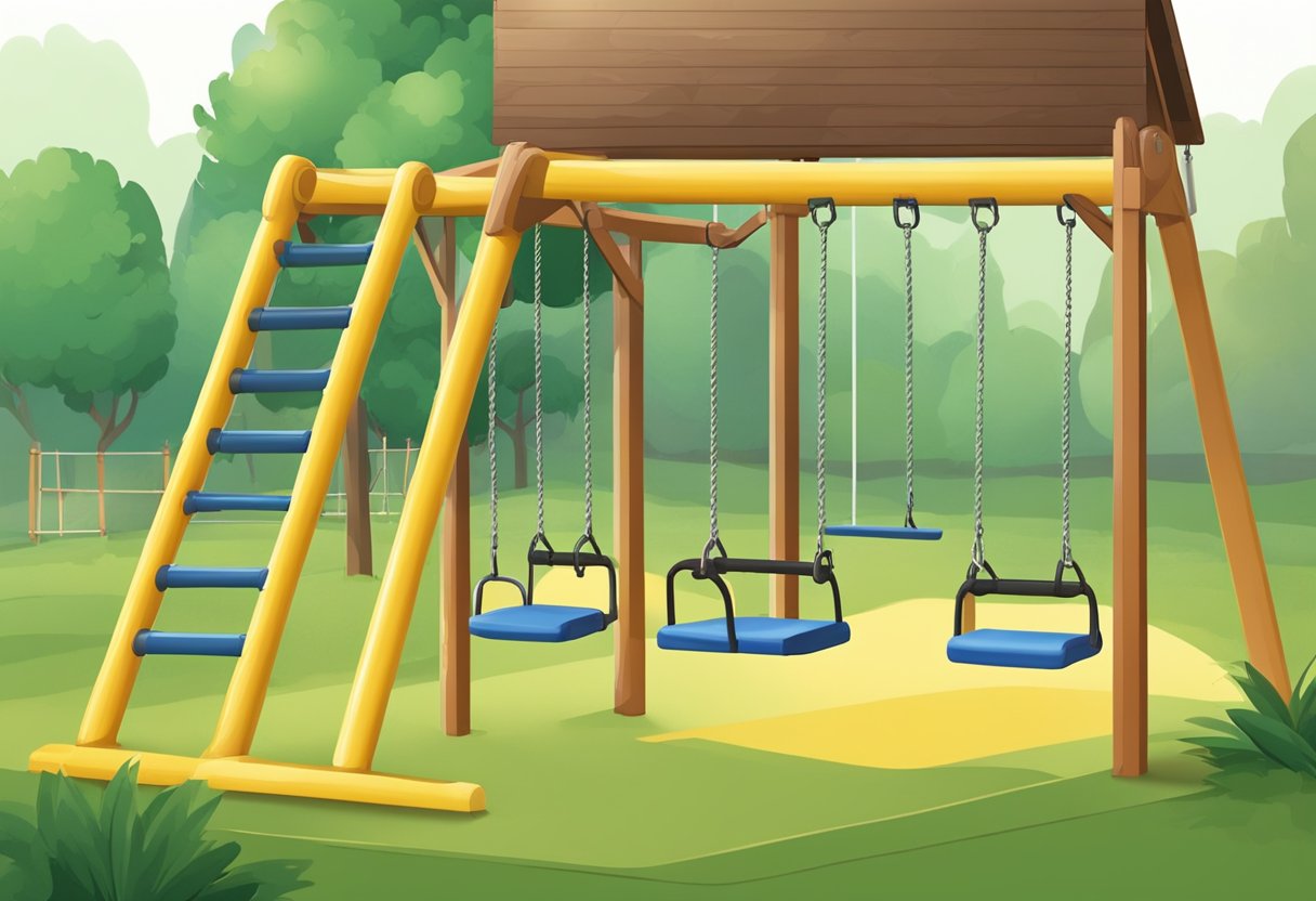 Rubber mats lie beneath a swing set, providing a soft landing surface for children at play