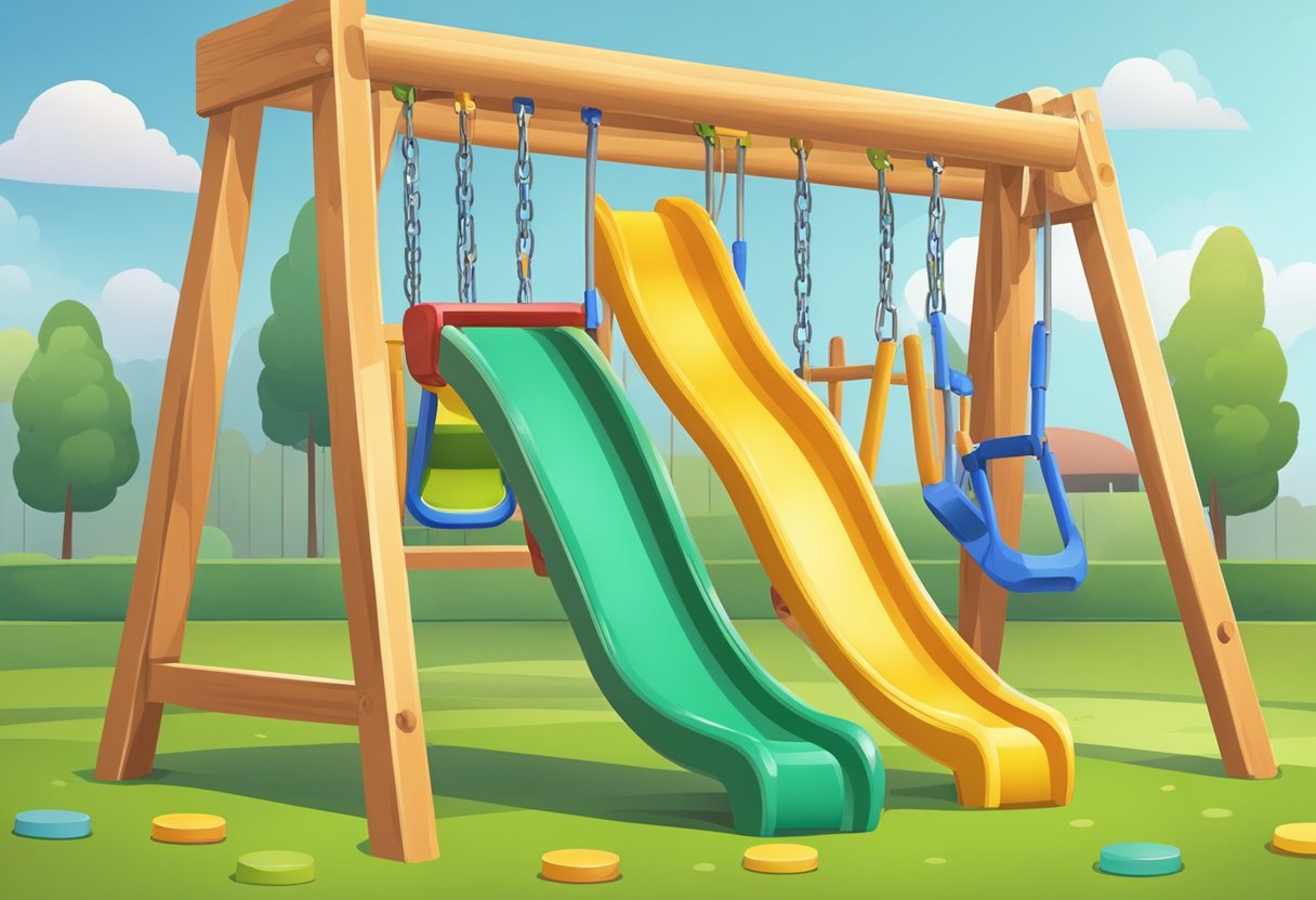 Rubber mats lie under a colorful swing set, providing safety and comfort for children playing