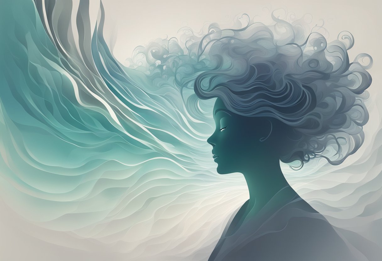 A woman's silhouette emerges from swirling mist, symbolizing the transformation and redefinition of beauty during menopause
