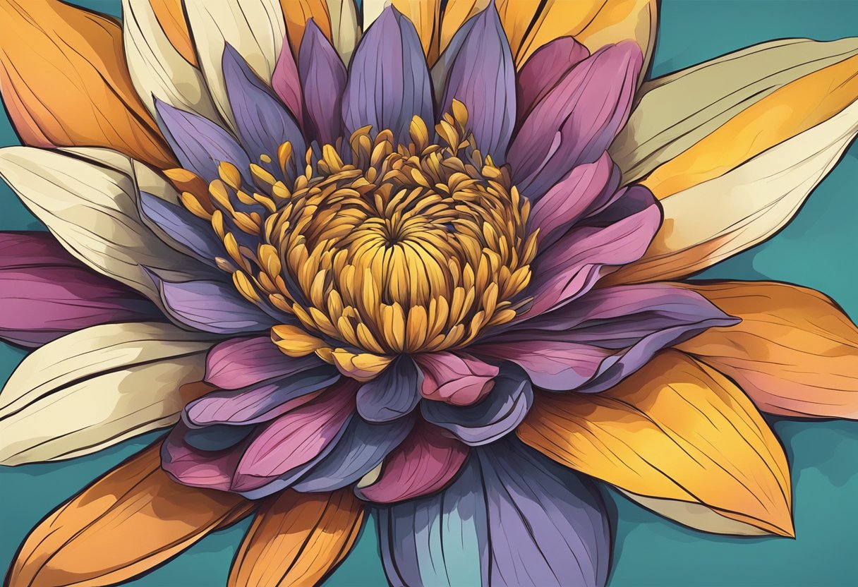A blooming flower shedding old petals, revealing vibrant new colors and shapes